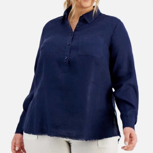 INC International Concepts Women's Linen Over-Top, Size‎ 1X, Raw Hem Navy Blue - Picture 1 of 13